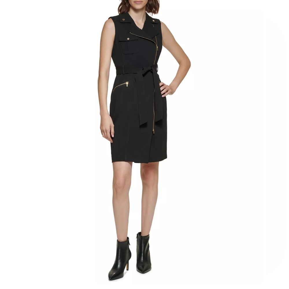 COPY - CALVIN KLEIN Women's Moto Belted Sleeveless Sheath Dress- NAVY Color